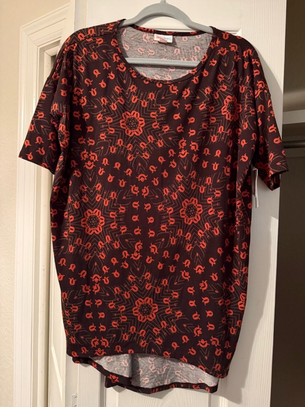 LuLaRoe Black Irma with Red Geometric Floral Print